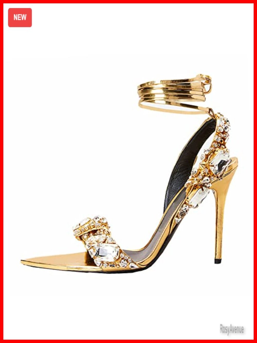 Rhinestone Strappy Heeled Sandals Open Toe Stiletto Metallic Patent Leather